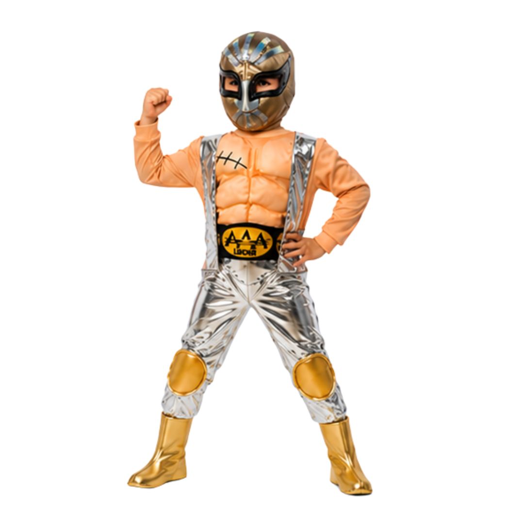 Disfraz de Luchador Dorado para Niño con Máscara - Traje de Lucha Libre