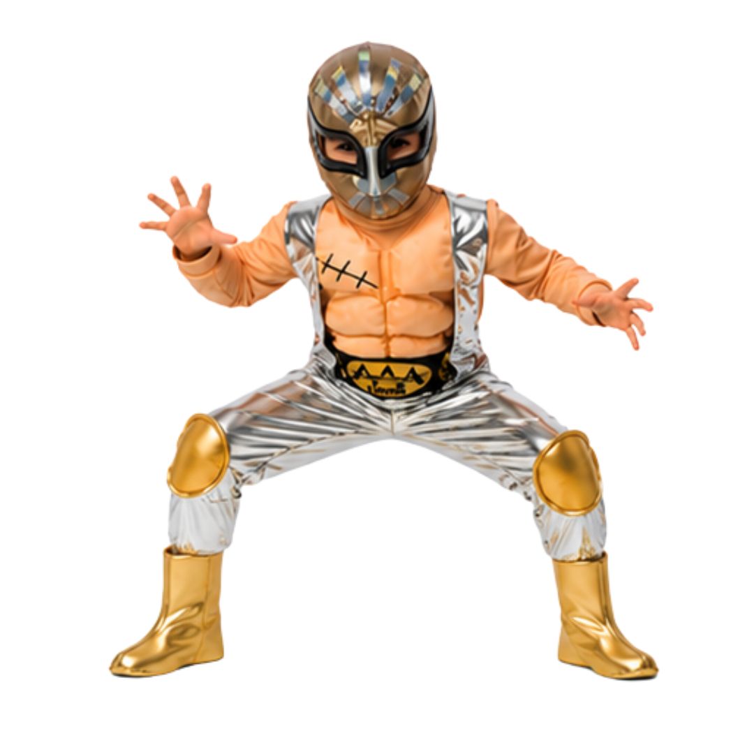 Disfraz de Luchador Dorado para Niño con Máscara - Traje de Lucha Libre