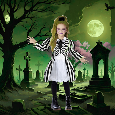 Disfraz de Fantasma Rayado para Niña - Vestido de Halloween y Día de Muertos