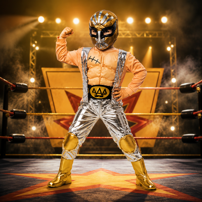 Disfraz de Luchador Dorado para Niño con Máscara - Traje de Lucha Libre